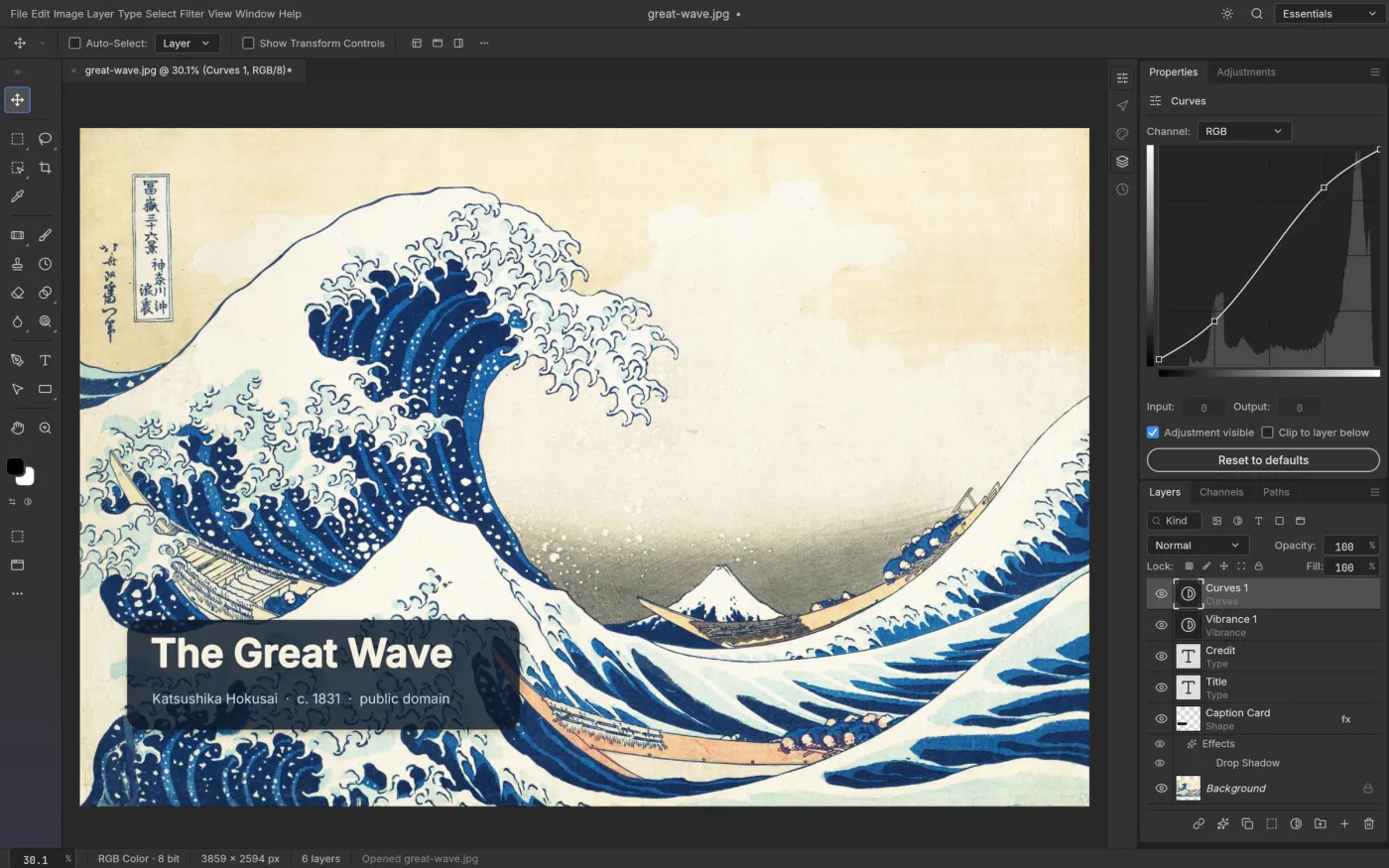 PhotoCraft editing The Great Wave off Kanagawa with type layers, a drop shadow and Curves and Vibrance adjustment layers
