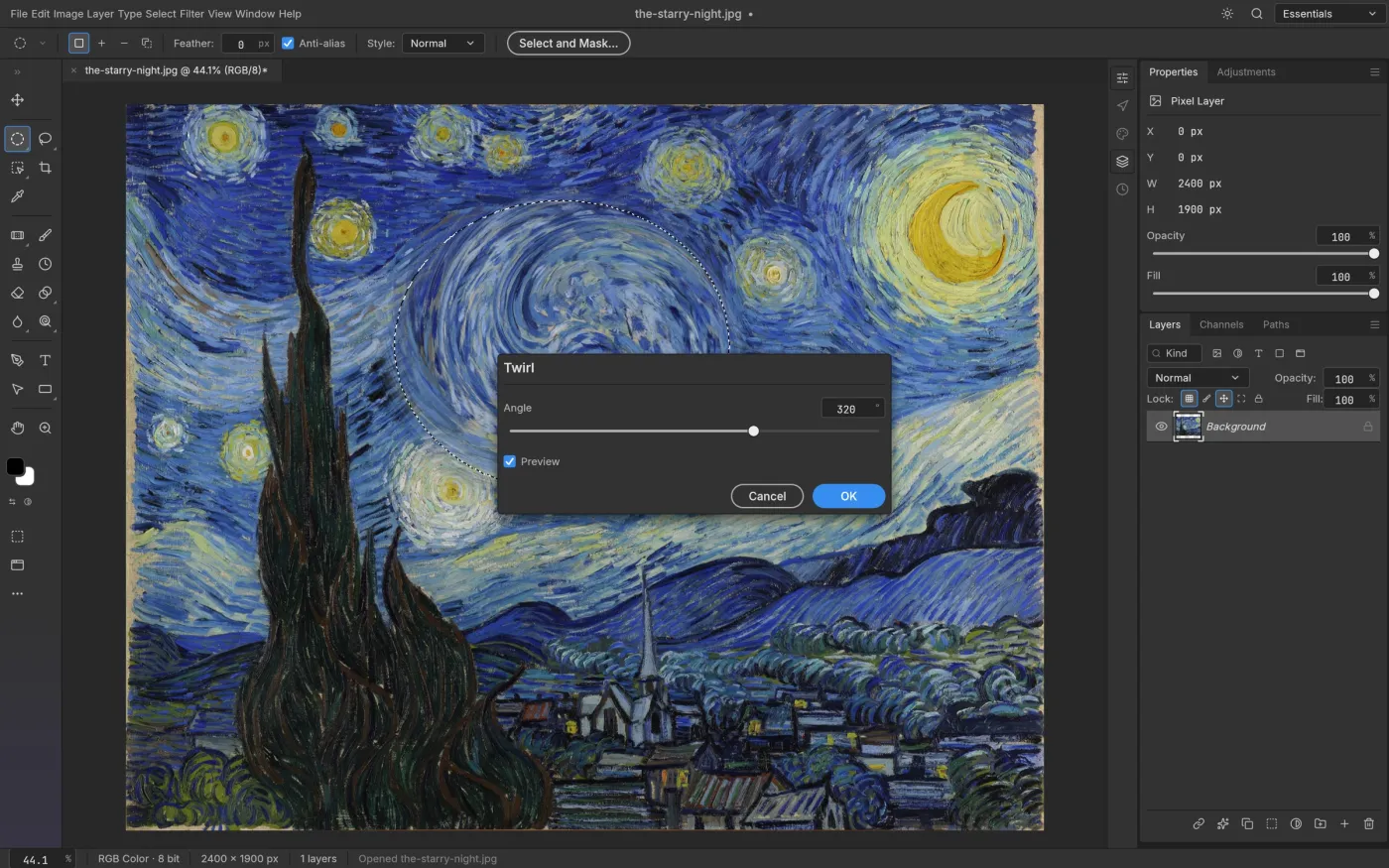 The PhotoCraft Twirl filter previewing inside a selection on The Starry Night