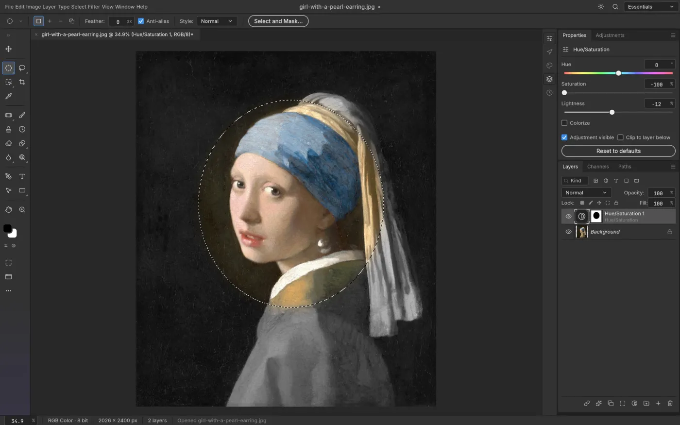 PhotoCraft turning an elliptical selection into the mask of a Hue/Saturation layer on Girl with a Pearl Earring
